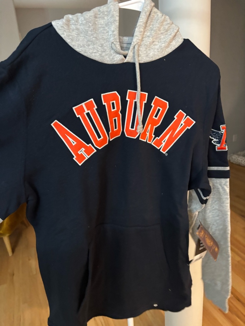 47 Hooded Short Sleeve Sweatshirt - Gray & Navy with Orange Lettering